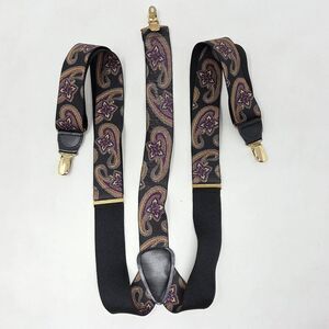 VTG CAS WEST GERMANY PAISLEY BLACK LEATHER GOLD STRETCH ADJUSTABLE SUSPENDERS